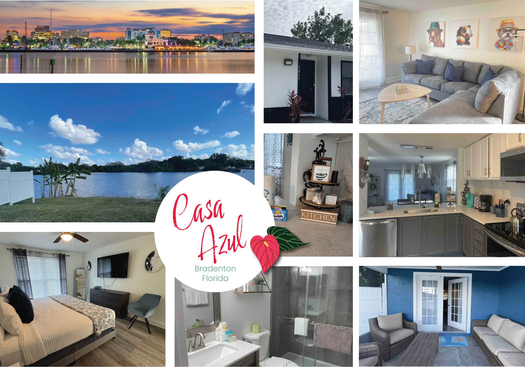 Lake views, a cozy living room sofa, and a bright modern kitchen showcase the home’s charm.